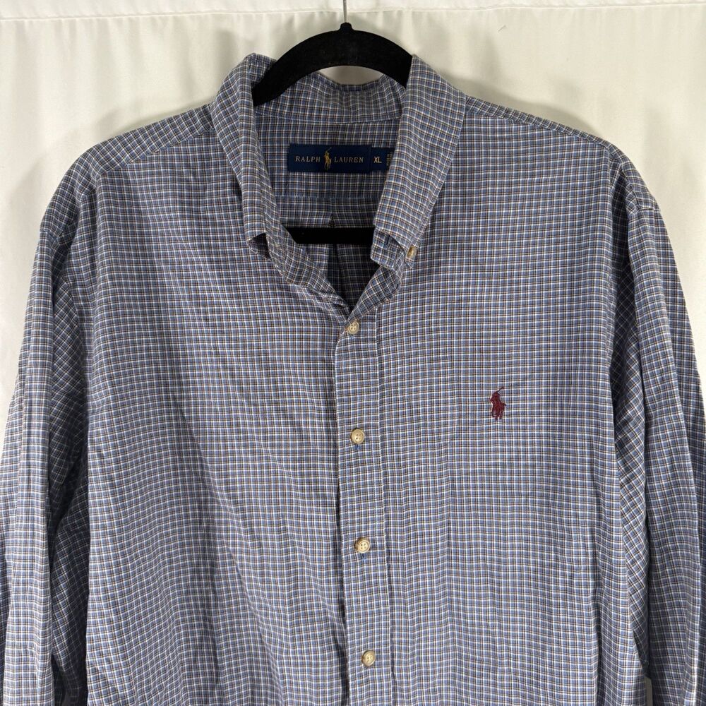Ralph Lauren Dress Shirt Men's XL Blue Plaid Button Up Long Sleeve 100% Cotton - Picture 2 of 11